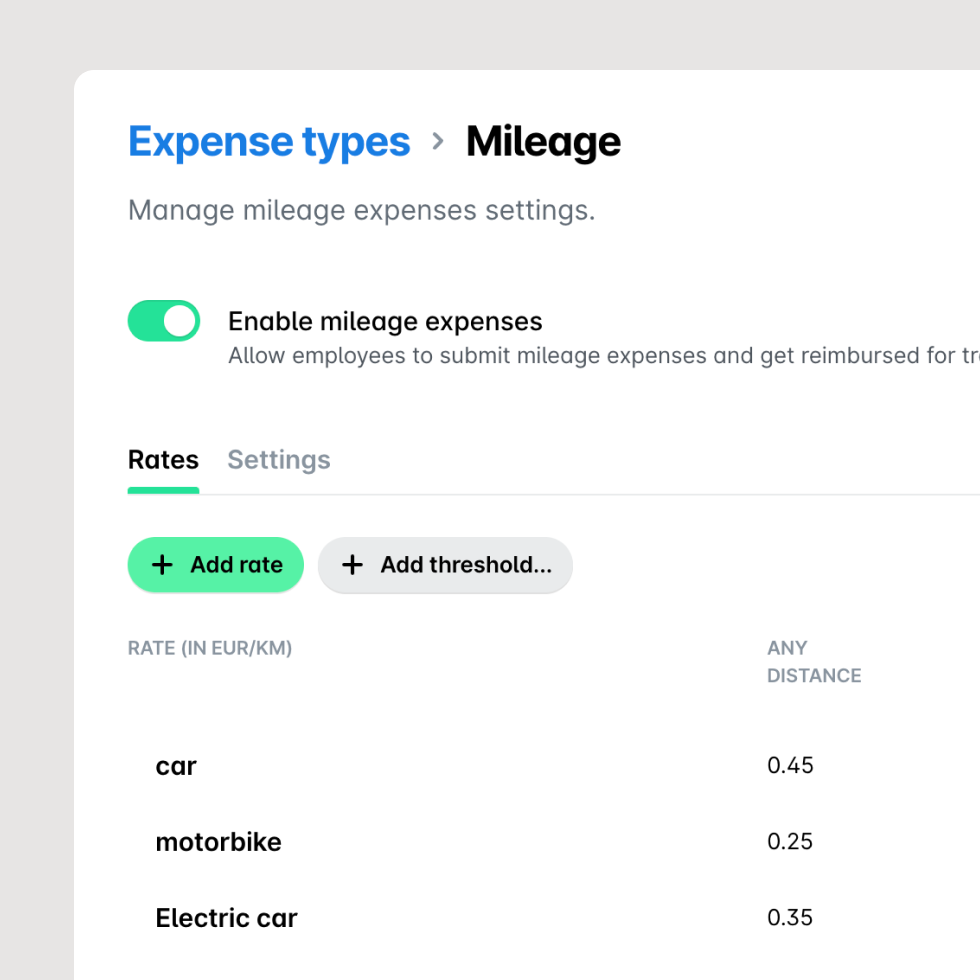 Adding multiuple mileage rates via Payhawk spend management solution - feature screenshot